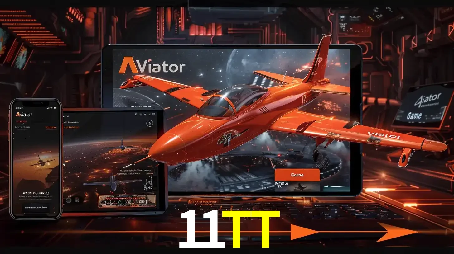 Apresentação tecnológica do jogo Aviator com um avião saindo da tela de um tablet, demonstrando a experiência imersiva em múltiplos dispositivos no 11TT.