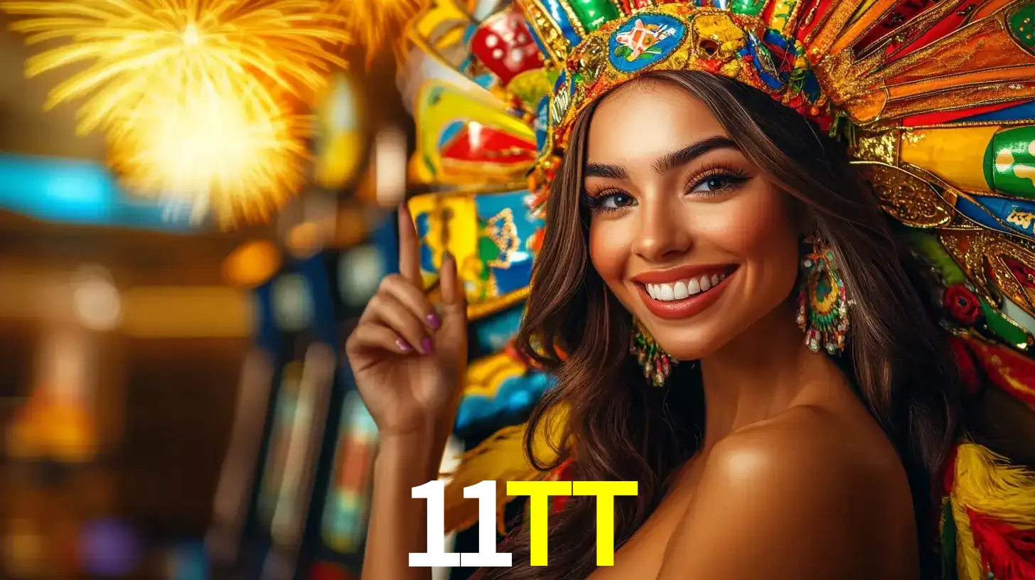 Mulher sorridente com um cocar de carnaval vibrante e colorido, celebrando uma grande vitória nos jogos do cassino 11TT com fogos de artifício ao fundo.