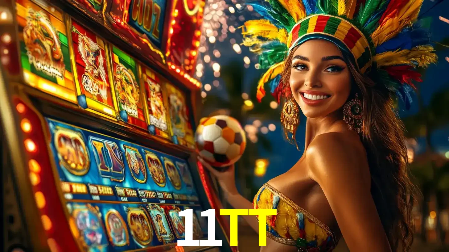 Mulher com um cocar de carnaval ao lado de uma máquina de caça-níqueis enquanto segura uma bola de futebol, mostrando a união da diversão de cassino e esportes no 11TT.