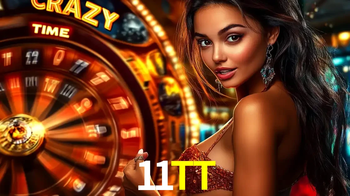 Mulher ao lado da roda de prêmios do jogo de cassino ao vivo Crazy Time, um dos shows de jogos mais emocionantes oferecidos pela plataforma de apostas 11TT.
