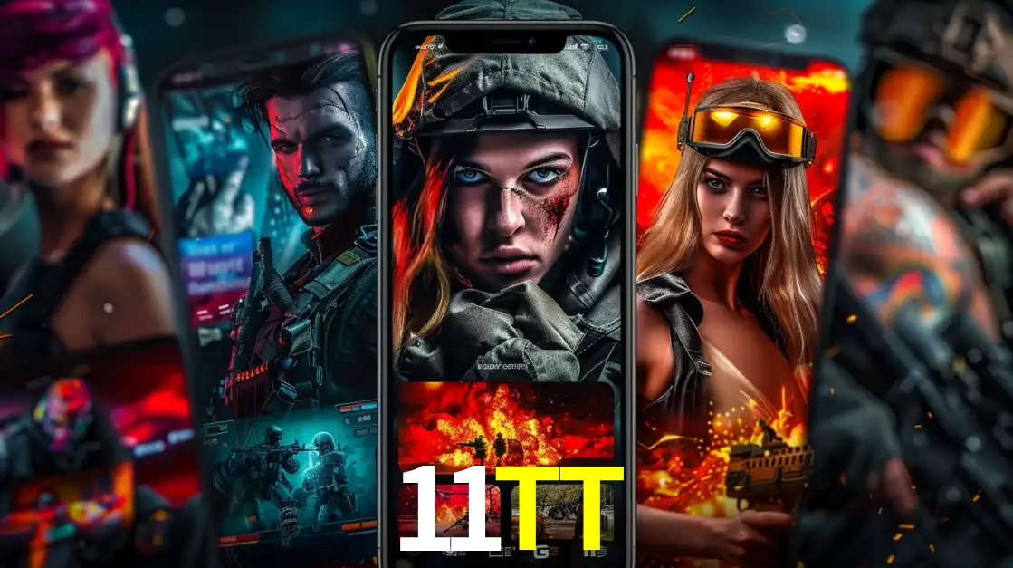 Montagem de telas de celular mostrando diversos personagens, masculinos e femininos, de um jogo de tiro, ilustrando a diversidade de equipes de e-sports para apostar no 11TT.