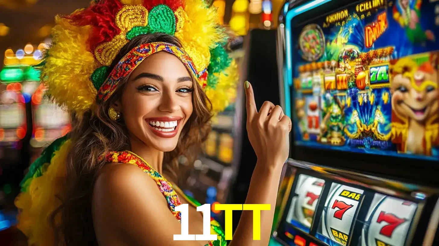 Mulher animada com um cocar de carnaval apontando para uma máquina de caça-níqueis, mostrando a emoção de ganhar um grande prêmio nos jogos do 11TT.