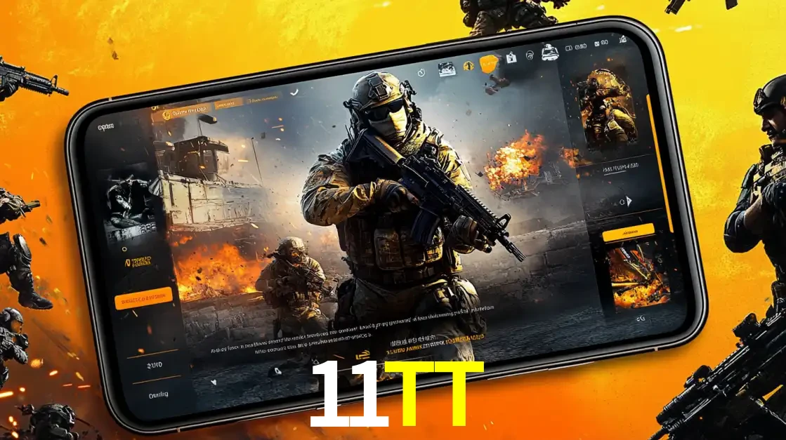 Um smartphone exibindo a interface de um jogo de tiro em primeira pessoa, com um soldado em um cenário de batalha, representando a ação dos e-sports para apostar no 11TT.