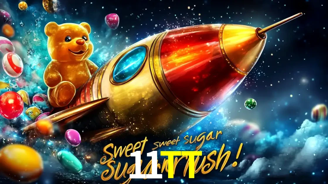 Arte promocional do jogo de slot Sugar Rush, com um urso de pelúcia em um foguete viajando pelo espaço de doces, um dos jogos divertidos disponíveis no cassino 11TT.