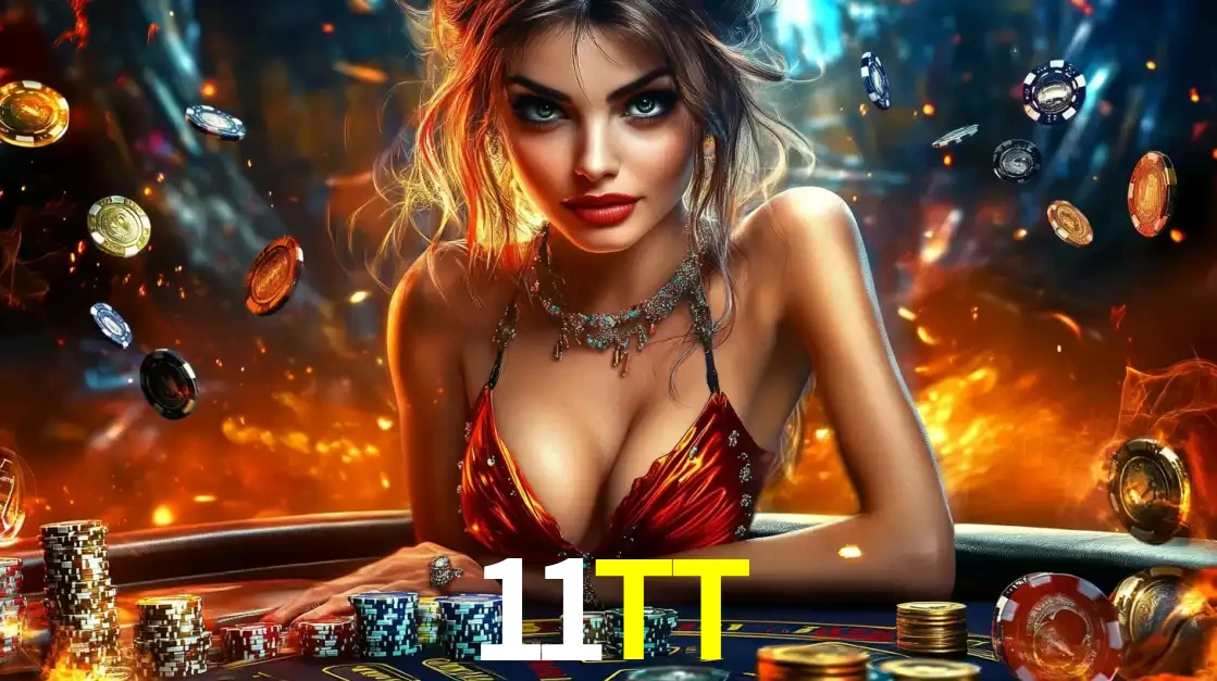 Mulher em uma mesa de cassino com pilhas de fichas e um fundo de fogo, pronta para uma rodada de altas apostas nos jogos de mesa emocionantes do cassino 11TT.