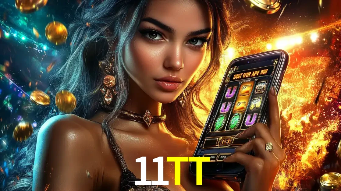 Mulher elegante mostrando um jogo de caça-níqueis em seu smartphone, destacando a experiência de cassino móvel oferecida pelo aplicativo 11TT.