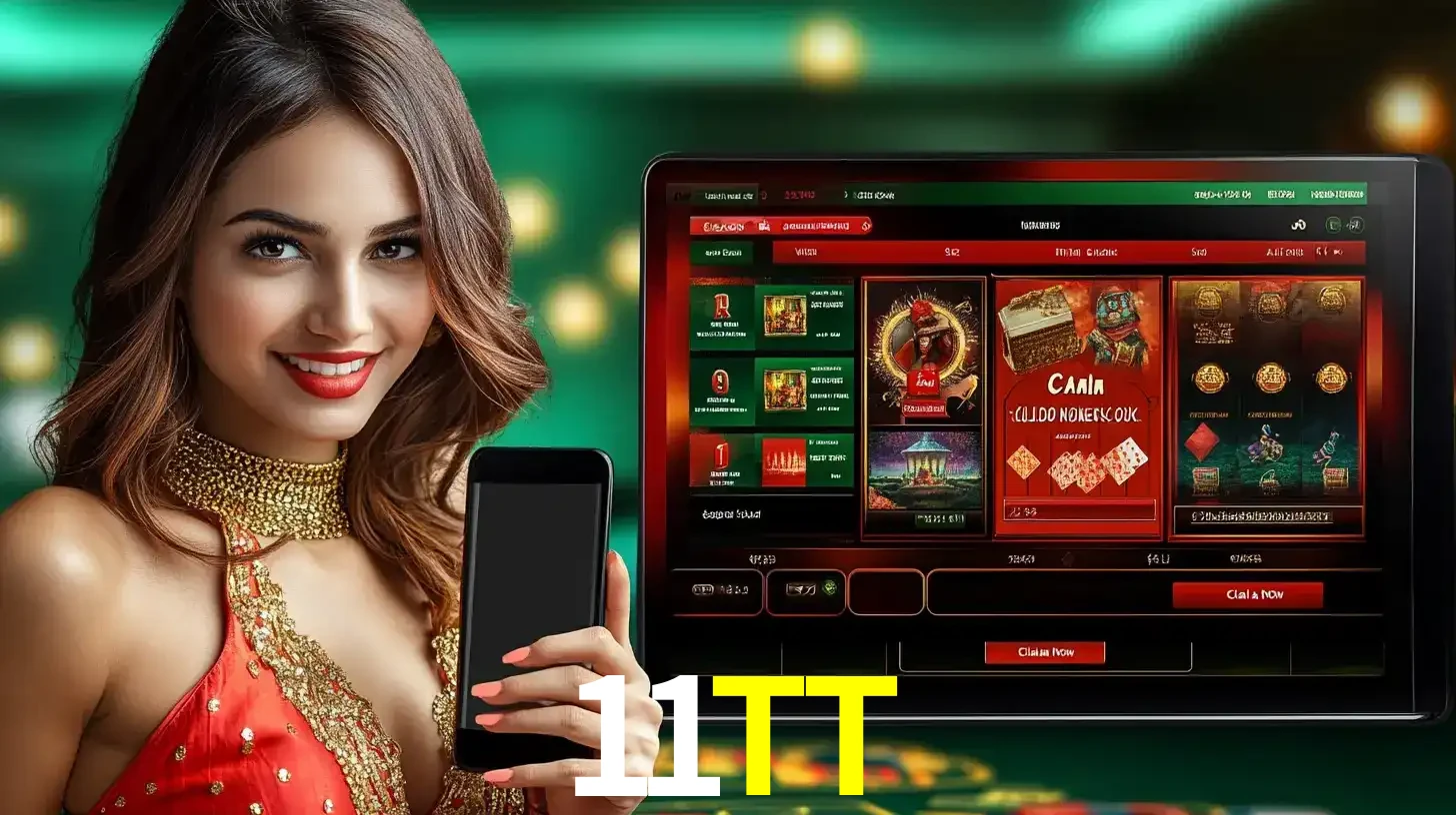 Mulher sorridente segurando um smartphone, ao lado de uma tela exibindo o lobby de jogos do cassino online 11TT, com várias opções de jogos de cartas e slots.